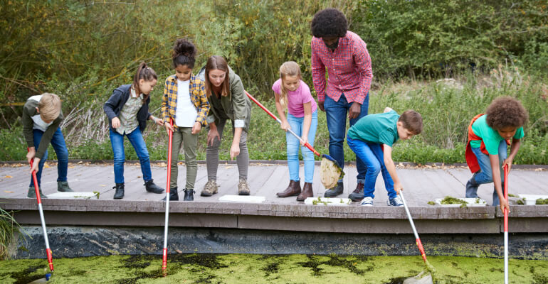 Six elementary school students and two educators stand on the edge of a wooden dock with a wooded area behind them. The students hold long nets and lean forward to scoop the algae out of the body of water in front of them.
